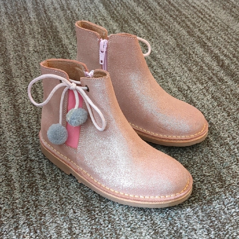 Sparkly Pink Kids Boots (Size 29/11.5) with Pom Poms
